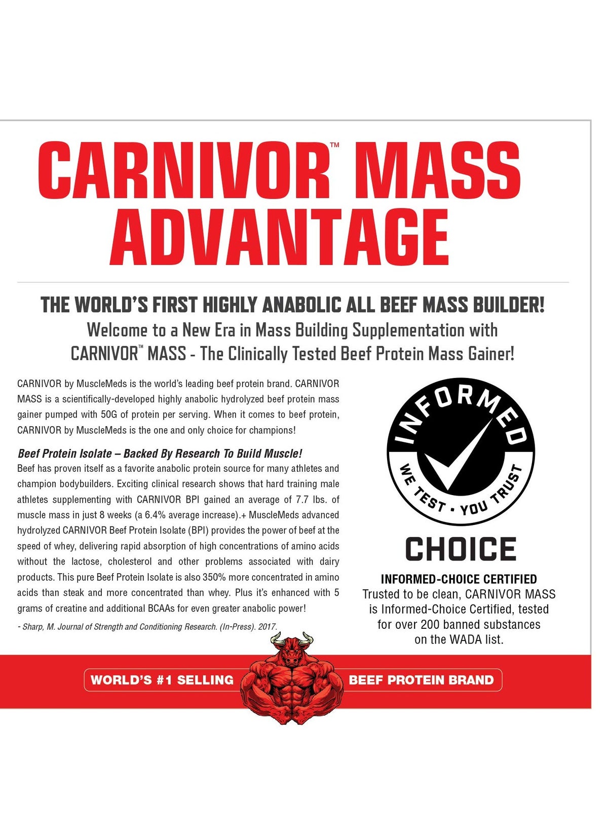 MuscleMeds Carnivor Mass Anabolic Beef Protein Gainer Chocolate Fudge Flavor 5.83 Lbs.