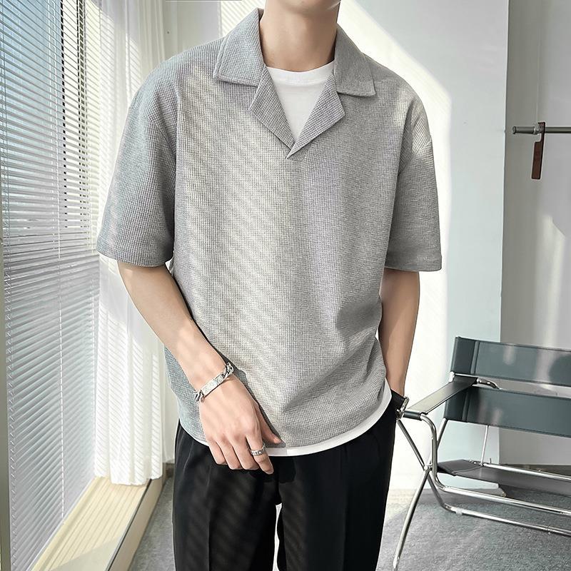 Trendy Niche Cuban Collar T-Shirt for Men, Spring and Summer Solid Color Short-Sleeve Polo Knit Loose Drop Shoulder Half-Sleeve