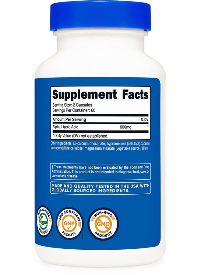 Nutricost حمض ألفا ليبويك 600 مجم لكل وجبة 120 كبسولة، 60 وجبة - كبسولات نباتية، غير معدلة وراثيًا - Image 2