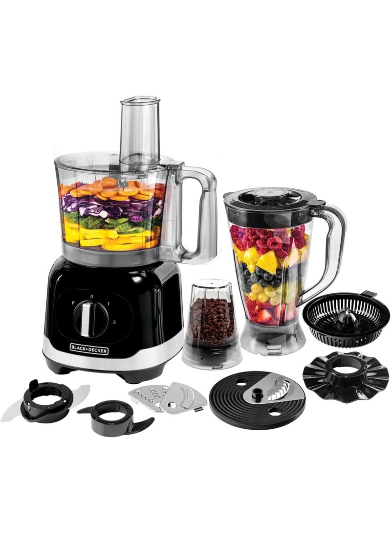 BLACK+DECKER 1000W Multi-function Food Processor – 2.1L Bowl, 1.5L Blender, Citrus Juicer, 100g Grinder, Stainless Steel Blades, 2-Speed with Pulse, All-in-One Kitchen Solution 2.1 L 1000 W FX1000FB-B5 black - Image 1