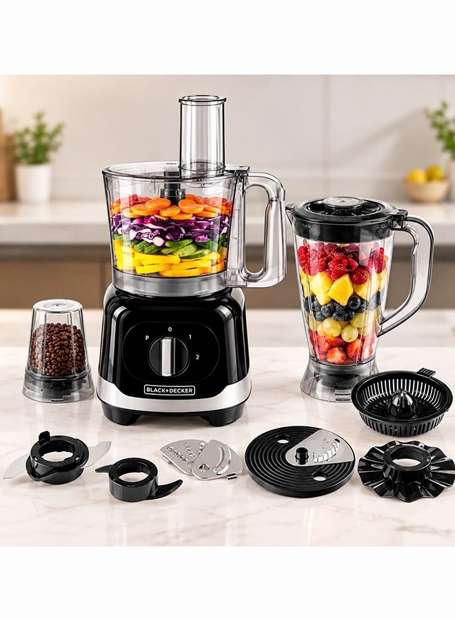 بلاك اند ديكر BLACK+DECKER Multifunction Food Processor, 1000W, 2.1L Bowl, 1.5L Blender, Citrus Juicer, 100g Grinder, Stainless Steel Blades, 2 Speeds with Pulse, FX1000FB-B5 2.1 L 1000 W FX1000FB-B5 black - Image 1