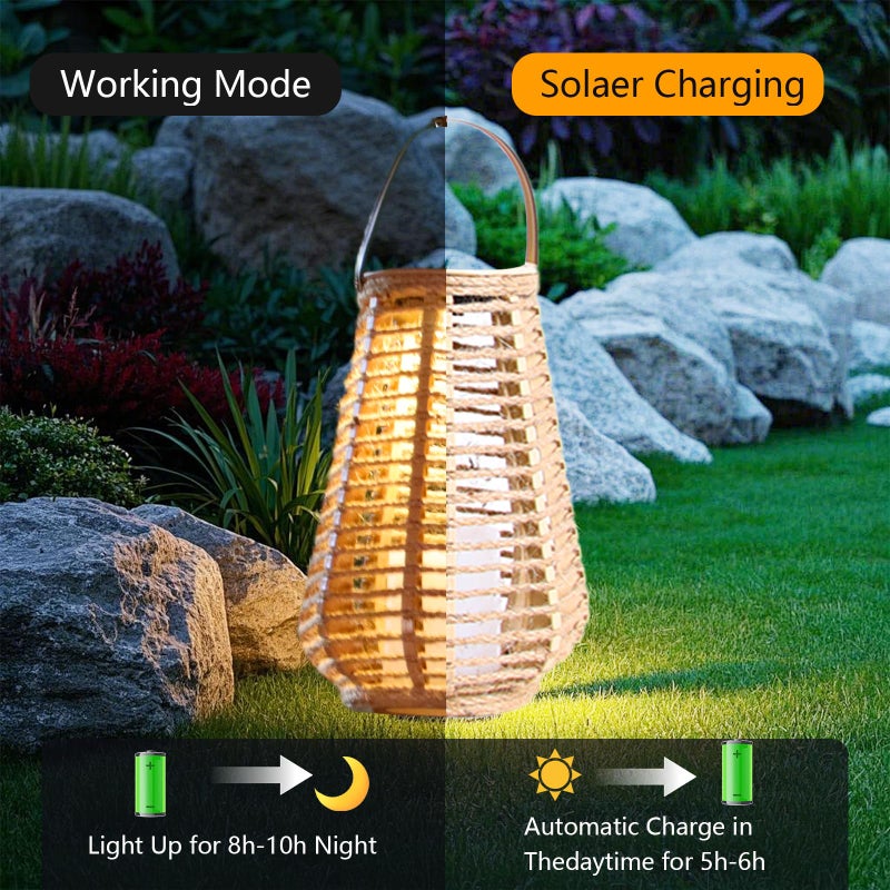 LEOKED 2 Pack Solar Lanterns Outdoor Waterproof, Vase-Shaped Solar Lantern with Handle, Hand-Wound Rope Outdoor Lantern Dusk to Dawn 6-8Hr, Hanging & Tabletop Decor for Garden/Patio - Image 4