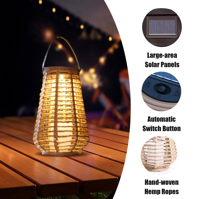 LEOKED 2 Pack Solar Lanterns Outdoor Waterproof, Vase-Shaped Solar Lantern with Handle, Hand-Wound Rope Outdoor Lantern Dusk to Dawn 6-8Hr, Hanging & Tabletop Decor for Garden/Patio - Image 3