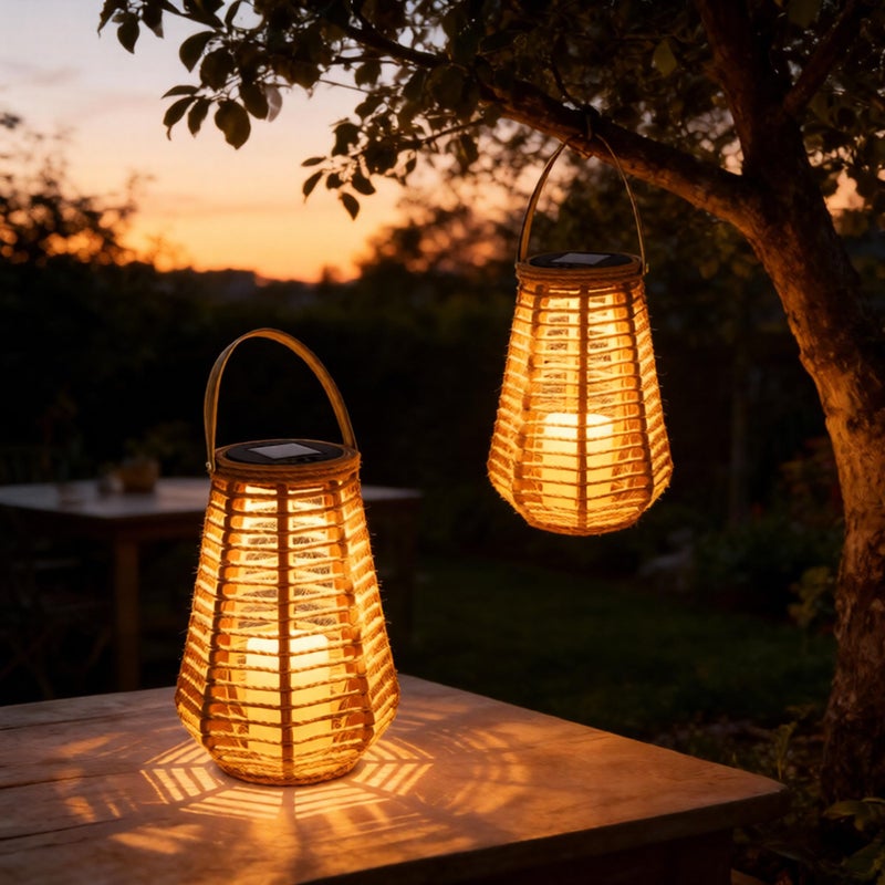 LEOKED 2 Pack Solar Lanterns Outdoor Waterproof, Vase-Shaped Solar Lantern with Handle, Hand-Wound Rope Outdoor Lantern Dusk to Dawn 6-8Hr, Hanging & Tabletop Decor for Garden/Patio - Image 1