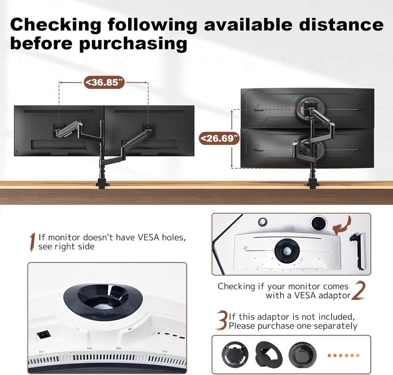 PUTORSEN Dual Monitor-Arm Heavy-Duty for 17-49-inch Screens - Premium Vertical Stacked Dual Monitor Arm Desk Mount for Ultrawide Screens up to 44lbs, Fully Adjustability, VESA 75/100 mm, Black - Image 4