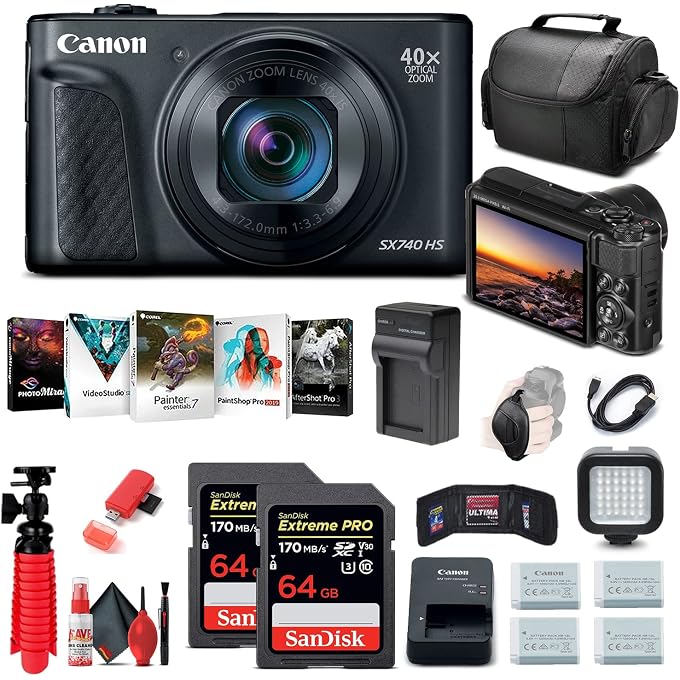 كانون كاميرا كانون باور شوت SX740 HS الرقمية مع بطارية (أسود) | حزمة للتصوير الفوتوغرافي والفيديو + ضوء LED + بطاقتي ذاكرة سعة 64 جيجابايت + قارئ بطاقات + شاحن + حقيبة كاميرا + برنامج تحرير الصور (2955C001) - Image 1