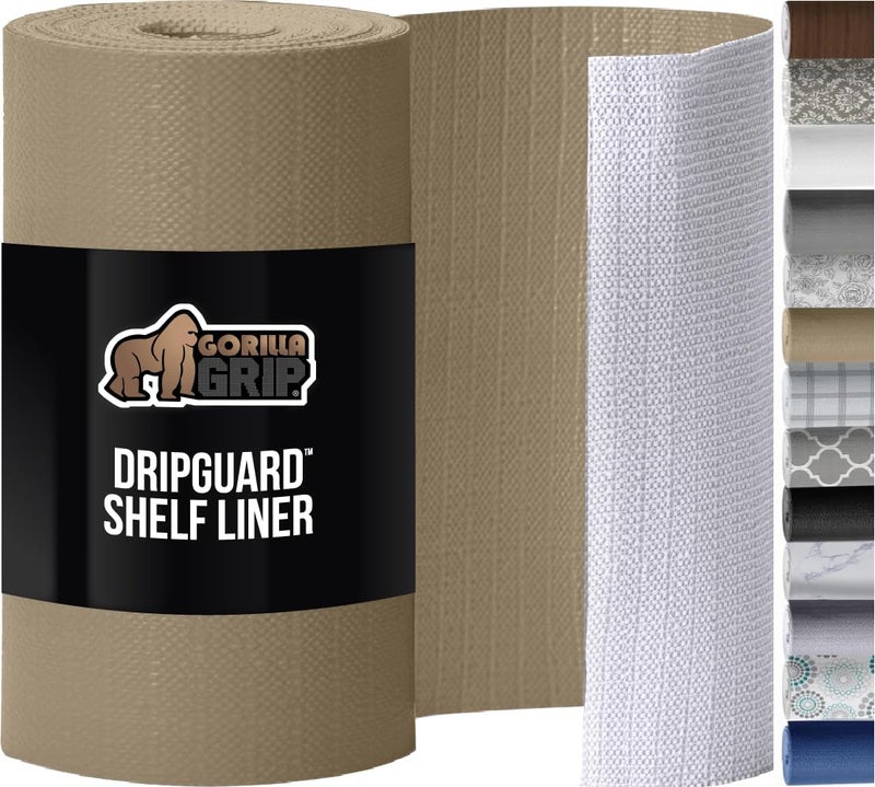 Gorilla Grip بطانة رف GORILLA GRIP DripGuard، واقي غير لاصق للأدراج وخزائن المطبخ، مقاوم للانزلاق، بطانة بلاستيكية ناعمة خالية من BPA للخزائن، الحمامات، الخزائن، 12x240 بوصة، بيج - Image 1