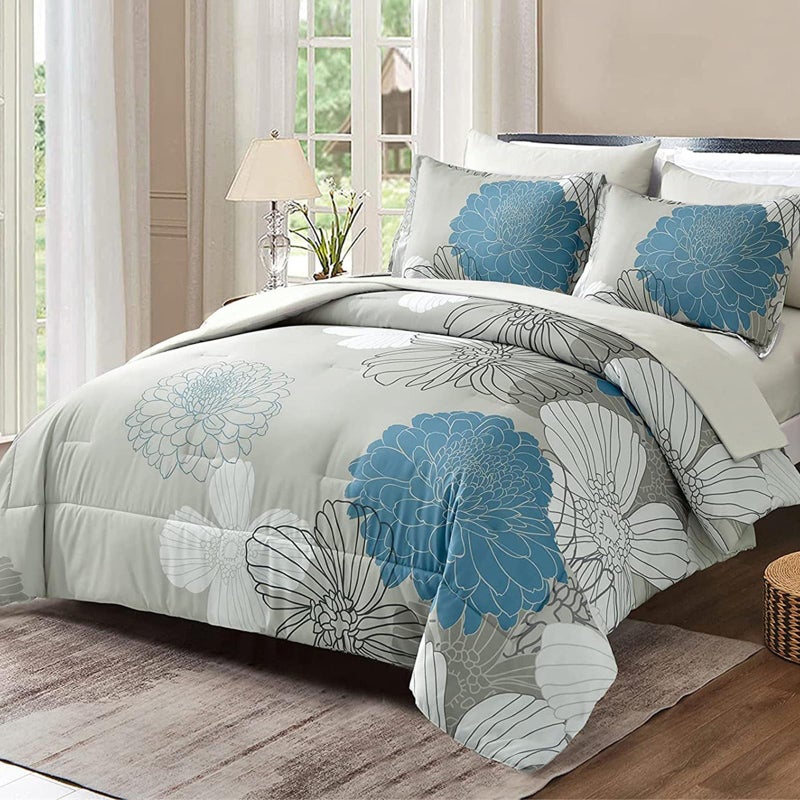 Yiran 7 Pieces Bed in a Bag Blue Floral Comforter Set Queen Size Flowers Comforter Set Soft Microfiber Bedding Set (1 Comforter 1 Flat Sheet 1 Fitted Sheet 2 Pillowshams 2 Pillowcases) - Image 1