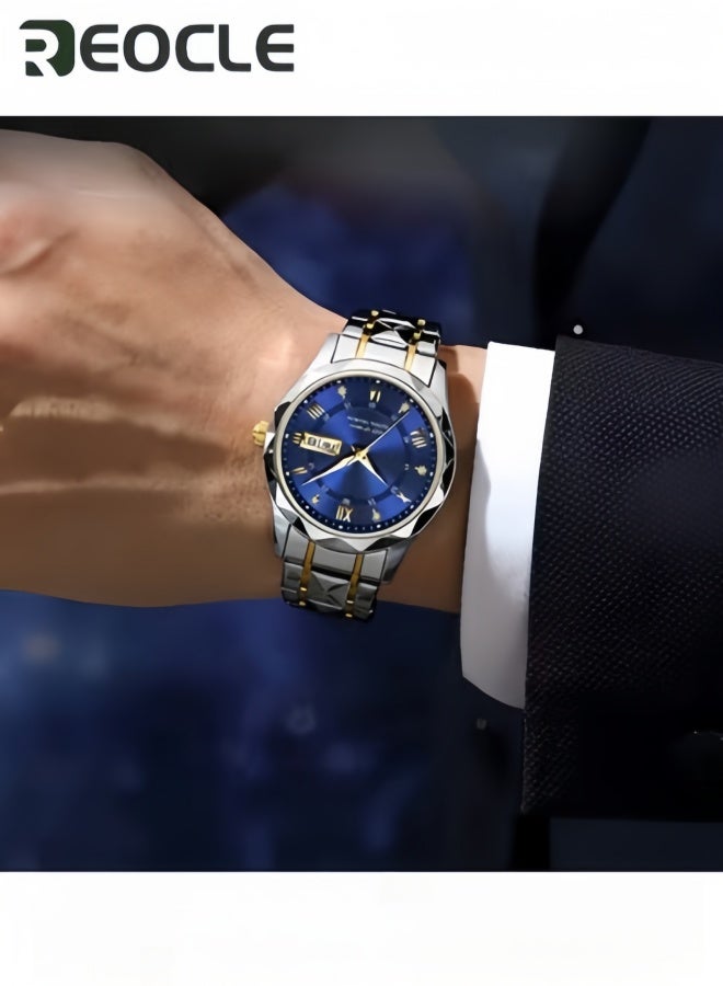 ريوكل ساعة كوارتز رجالية رسمية أنالوج بعقارب وقرص مرصع بالماس وحزام من الفولاذ المقاوم للصدأ ومؤشر مضيء وتاريخ وساعة يومية مقاومة للماء - Image 3