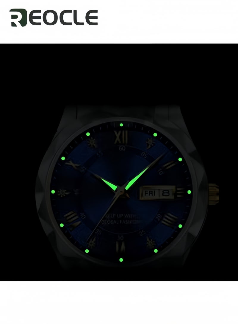 ريوكل ساعة كوارتز رجالية رسمية أنالوج بعقارب وقرص مرصع بالماس وحزام من الفولاذ المقاوم للصدأ ومؤشر مضيء وتاريخ وساعة يومية مقاومة للماء - Image 4