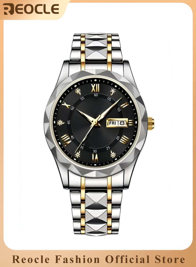 ريوكل ساعة كوارتز رجالية رسمية أنالوج بعقارب وقرص مرصع بالماس وحزام من الفولاذ المقاوم للصدأ ومؤشر مضيء وتاريخ وساعة يومية مقاومة للماء - Image 1