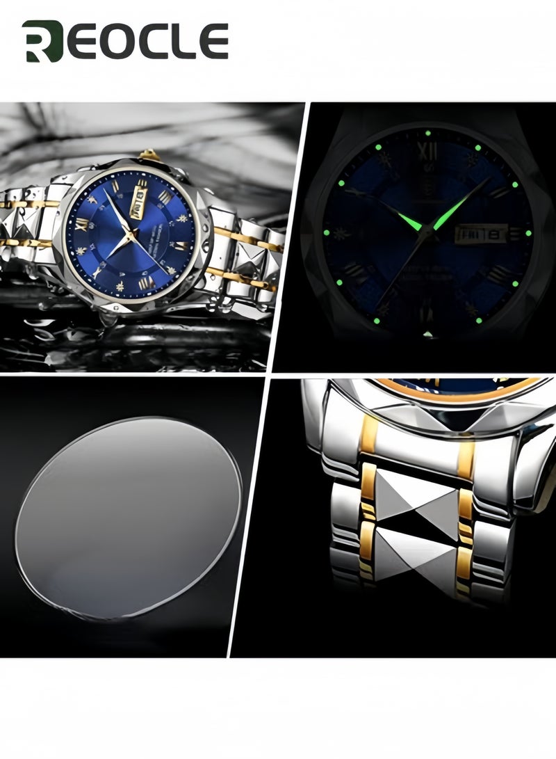 ريوكل ساعة كوارتز رجالية رسمية أنالوج بعقارب وقرص مرصع بالماس وحزام من الفولاذ المقاوم للصدأ ومؤشر مضيء وتاريخ وساعة يومية مقاومة للماء - Image 2