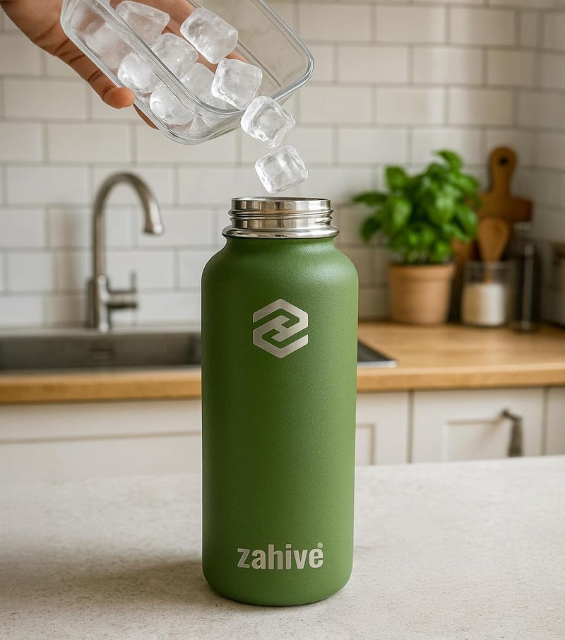 Zahive Insulated Water Bottle 1l with 3 Lids & Bag - Stainless Steel Water Bottle with Straw - 1000ml Double Wall Flask for Gym, Travel, Hot & Cold Drinks - Leak Proof (1 Liter, Army Green) - Image 5