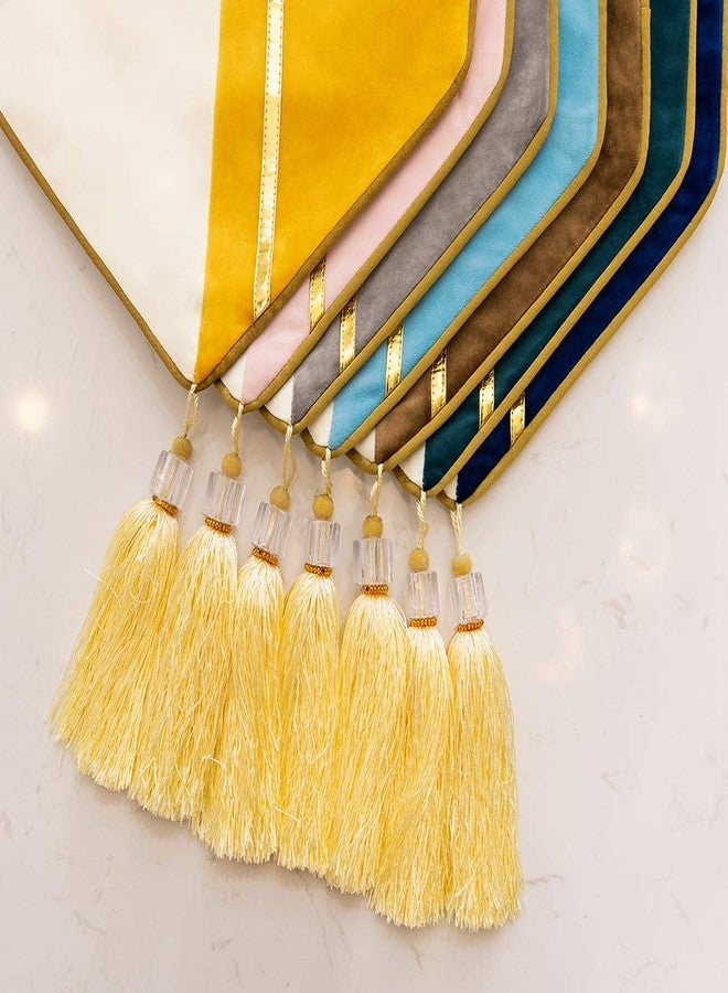 Avigers 12 x 90 Inch Decorative Luxury Navy Blue White Gold Leather Striped Patchwork Velvet Table Runners with Tassels for Home Living Room Bedroom Art Decor Wedding - Image 5