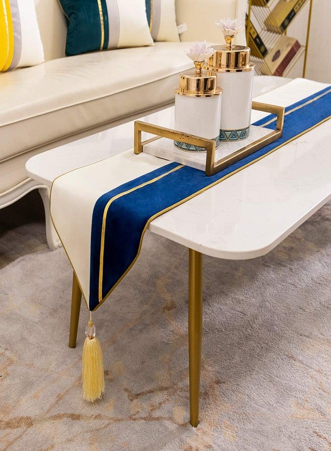 Avigers 12 x 90 Inch Decorative Luxury Navy Blue White Gold Leather Striped Patchwork Velvet Table Runners with Tassels for Home Living Room Bedroom Art Decor Wedding - Image 1