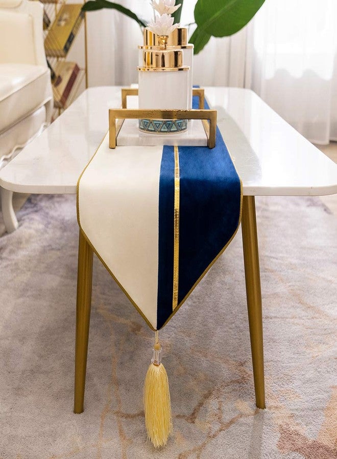 Avigers 12 x 90 Inch Decorative Luxury Navy Blue White Gold Leather Striped Patchwork Velvet Table Runners with Tassels for Home Living Room Bedroom Art Decor Wedding - Image 2