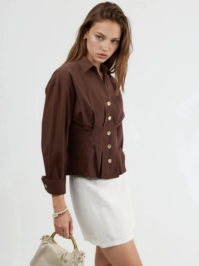 Qustyle QU STYLE Fitted Long Sleeve Shirt with Button Details