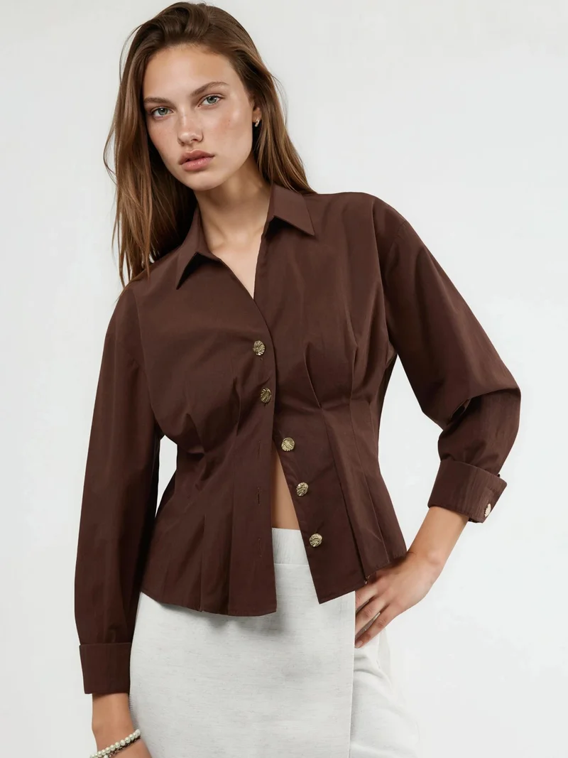 Qustyle QU STYLE Fitted Long Sleeve Shirt with Button Details