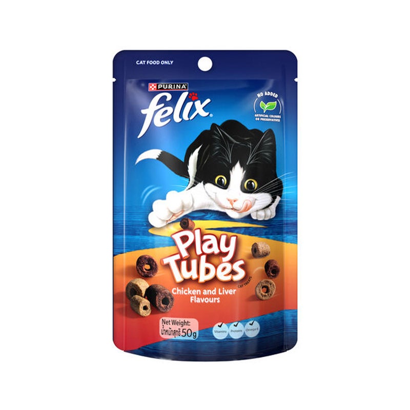 فيلكس مكافأة جافة "بلاي تيوبز" بنكهات الدجاج والكبد للقطط من فيلكس - 50 جرام