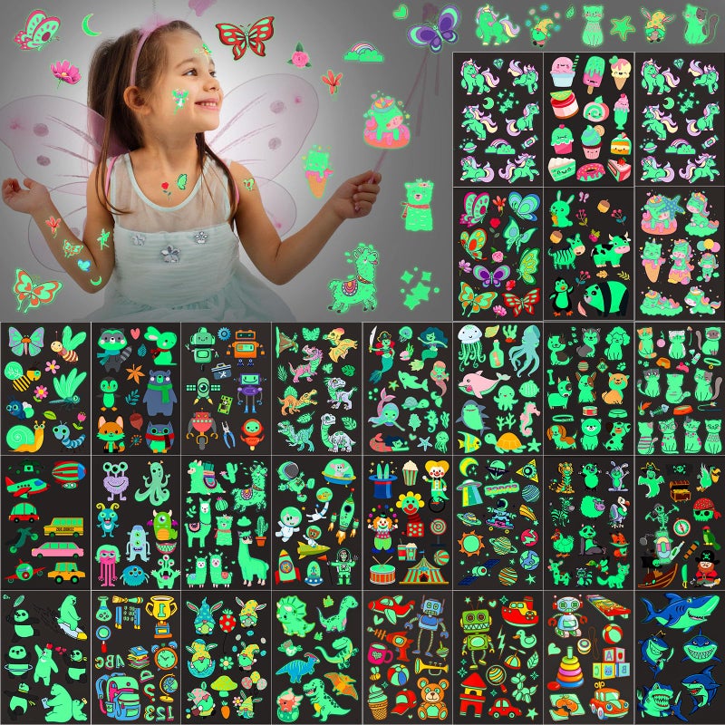 Sinmoe 30 Sheets 400 Pieces Glitter Temporary Tattoos for Kids Waterproof Butterfly Mermaid Unicorn Cartoon Stickers Glow Tattoo for Girls Birthday Party Favors Goodie Bags Fillers(Luminous Pattern) - Image 1