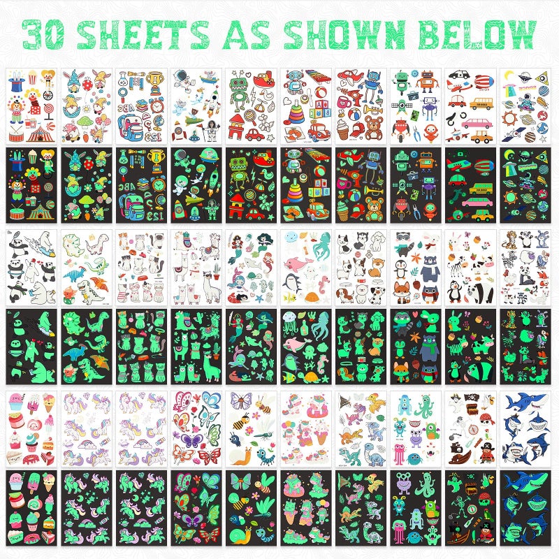 Sinmoe 30 Sheets 400 Pieces Glitter Temporary Tattoos for Kids Waterproof Butterfly Mermaid Unicorn Cartoon Stickers Glow Tattoo for Girls Birthday Party Favors Goodie Bags Fillers(Luminous Pattern) - Image 2