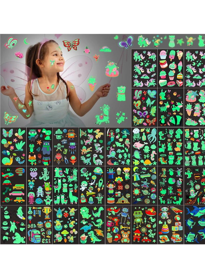 Sinmoe Sinmoe 30 Sheets 400 Pieces Glitter Temporary Tattoos for Kids Waterproof Butterfly Mermaid Unicorn Cartoon Stickers Glow Tattoo for Girls Birthday Party Favors Goodie Bags Fillers(Luminous Pattern) - Image 1