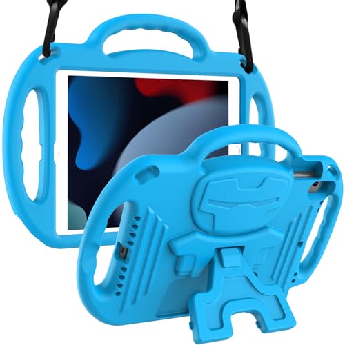 LTROP Kids Case for iPad 9th/8th/7th Generation 10.2 Inch with Shoulder Strap, Shockproof Lightweight Handle Stand Child Bumper Case, Blue - Image 1