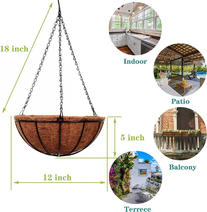 Tim Tim Agro 5PCS Metal Hanging Planters Basket with Coco Coir Liner 12 Inch Round Wire Plant Holder Porch Decor Flower Pot Hanger Garden Decor Watering Hanging Baskets (12) - Image 3