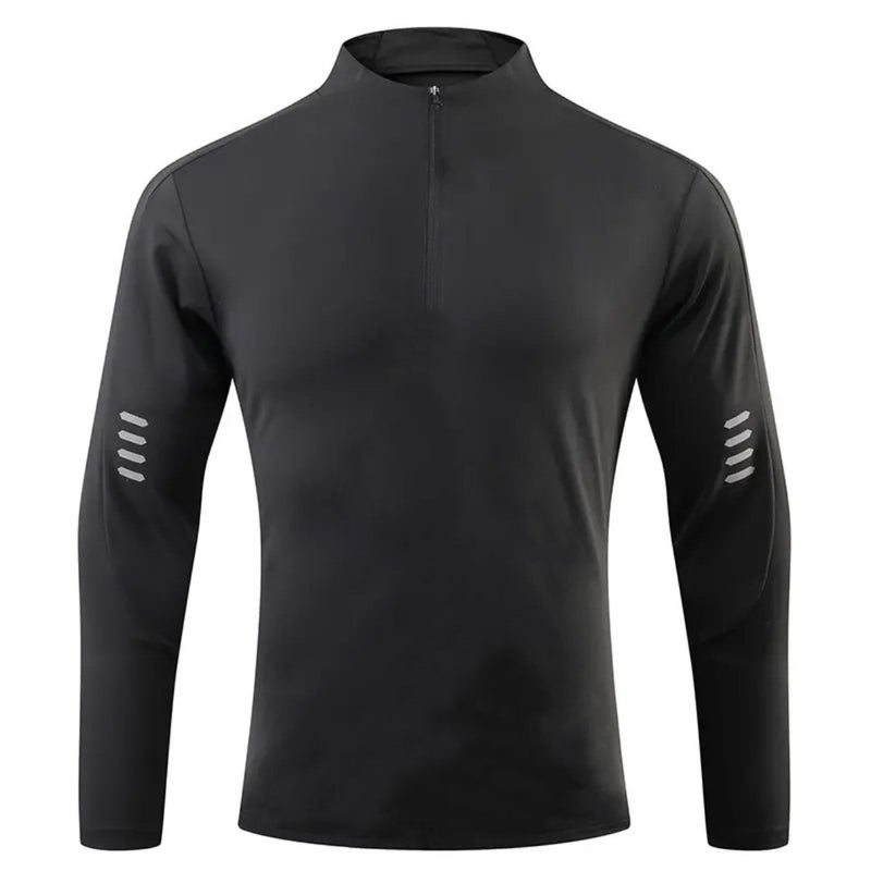 Mens T-shirt American Quick-drying Long-sleeved Fitness Running Training Stretch Autumn Fashion Sports Half-open Zipper Top black print - Image 1