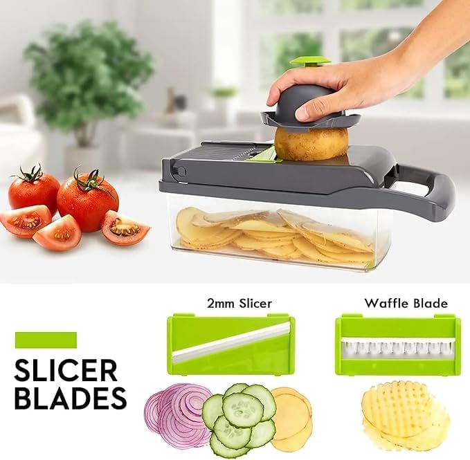 NixtiL 14 in 1 Multipurpose Chopper, Fruits & Vegetable Cutters, Grater Peeler Chipser, Unbreakable Food Grade Body, Chopper for Kitchen | Easy Push to Clean Button Slicer Dicer - Image 3