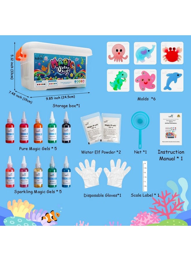 Kiditos - Magic Water Elf Toy Kit, Aqua Fairy Water Gel Kit With 10 Magic Gels, 6 Sea Creature Molds. Christmas Gifts, Birthday Gifts, Party Favors, Arts & Crafts Diy Stem Kits For Kids (10 Colors) - Image 1