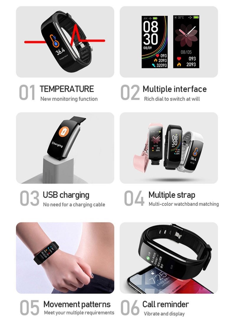 C6T Body Temperature Bracelet Watch Smart Sports Bracelet IP67 Information Push Sleep Exercise Step Waterproof Sports Smart Bracelet Blood Pressure Monitoring (Black) - Image 3