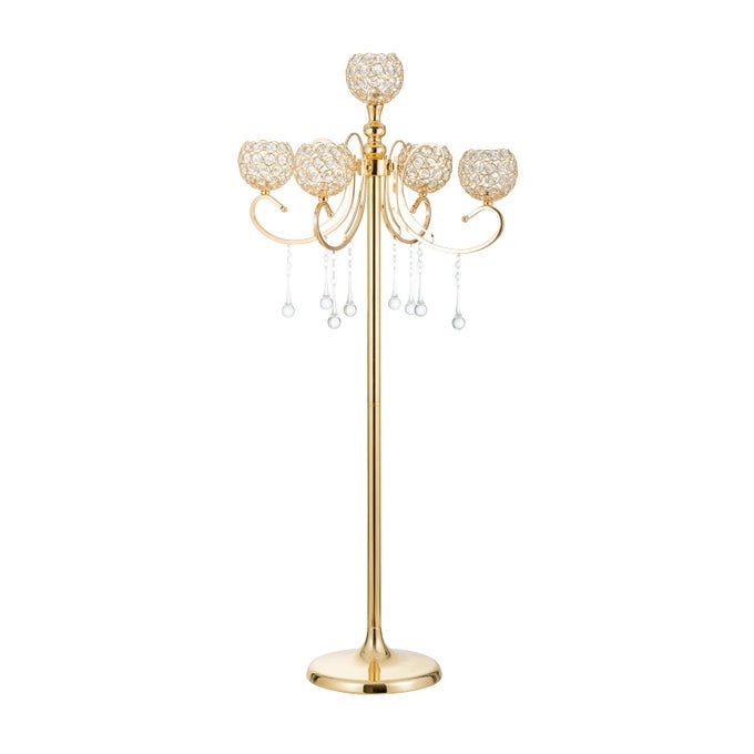 GOLD FLOOR CANDELABRA FOR CENTERPIECES 453IN TALL 5BRANCH CANDLE HOLDER WITH CRYSTAL BEADED CHANDELIER HOLDER STAND FOR WEDDING AISLE PARTY CEREMONY CHRISTMAS DECORATION
