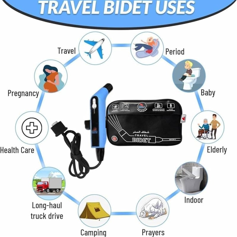 أوركا Orca Portable Shattaf Electric Handheld Bidet Sprayer with 100ml Bottle & 2L Pouch Rechargeable Travel Bidet for Personal Hygiene Baby Care Camping & Bathroom Use | شطاف المسافر أو الشطاف المتنقل - Image 3