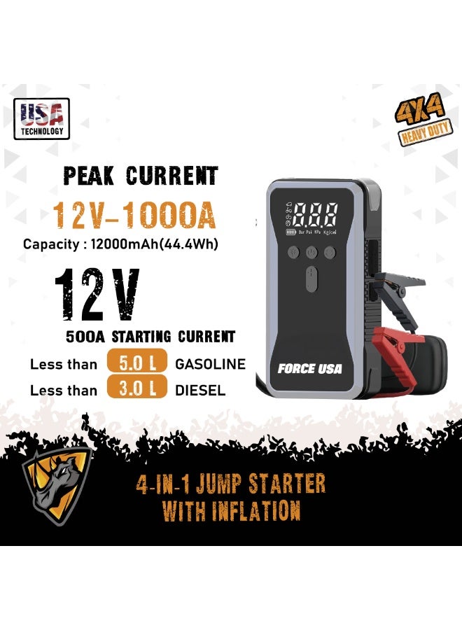 FORCE USA Jump Starter with Air Pump, 12000mAh Battery, 12V 1000A Peak Current, 150PSI Air Compressor, 100W Power – Portable Car Jump Starter for Gasoline Engines up to 5.0L & Diesel Engines up to 3.0L - Image 4