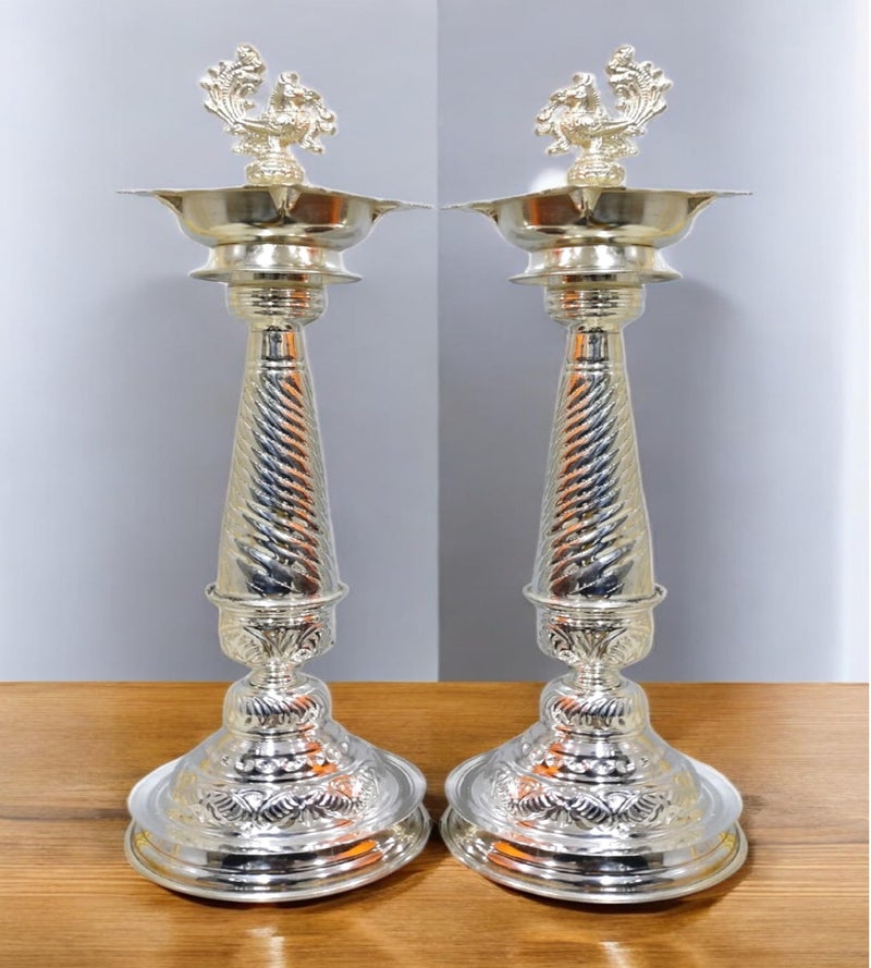 Sigaram 21 Inch German Silver Peacock Handle Diya for Home & Temple Pooja Decore K4430 - Image 1