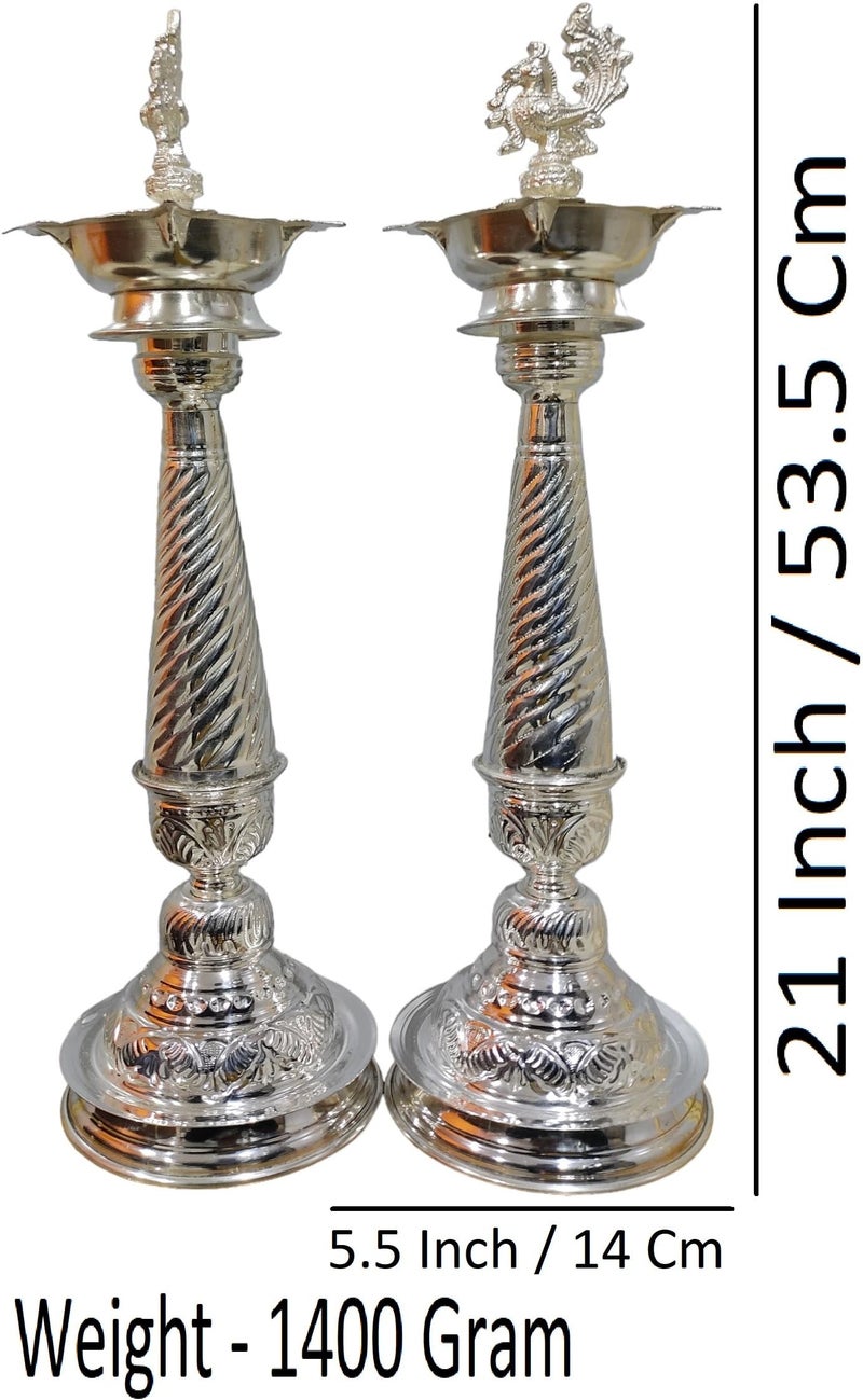 Sigaram 21 Inch German Silver Peacock Handle Diya for Home & Temple Pooja Decore K4430 - Image 5