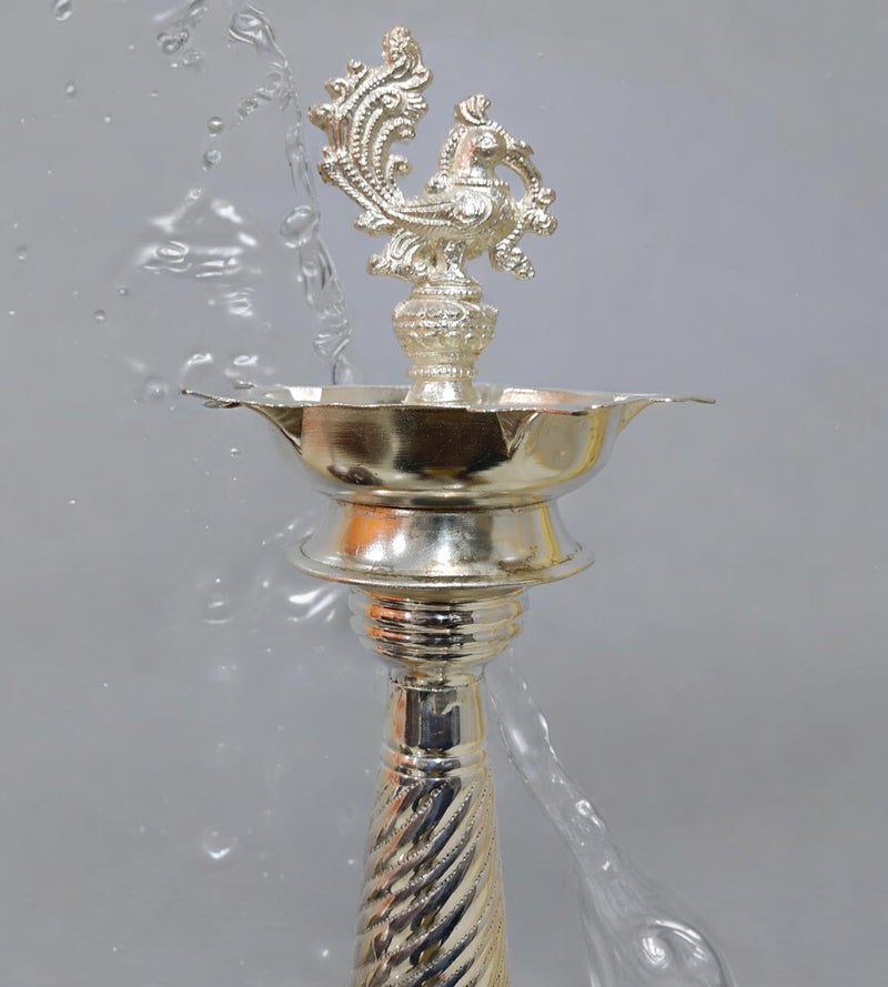 Sigaram 21 Inch German Silver Peacock Handle Diya for Home & Temple Pooja Decore K4430 - Image 2