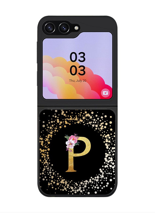 Stylizedd Rugged Black Cover for Samsung Galaxy Z Flip5 Case, Slim Fit Soft Phone Cases-  Custom Monogram Initial Letter Floral Pattern Alphabet - P (Black)  - Image 1