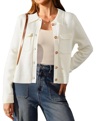 Arach&Cloz Women's Spring Cropped Casual Jacket 2026 Lightweight Button Collared Lapel Long Sleeve Fashion Shacket with Pocket Trendy Work Dressy Cardigan Sweater Wool Blend Top Clothes(White,M) - Image 1