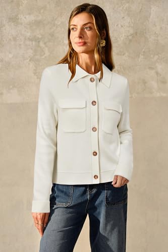 Arach&Cloz Women's Spring Cropped Casual Jacket 2026 Lightweight Button Collared Lapel Long Sleeve Fashion Shacket with Pocket Trendy Work Dressy Cardigan Sweater Wool Blend Top Clothes(White,M) - Image 3