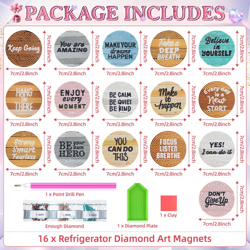 Saysurey 16 Pcs Diamond Art Magnet Kits Diamond Painting Magnets DIY for Adults Crafts Refrigerator Painting Stickers Kits for Gifts Home Decor(Inspirational) - Image 2