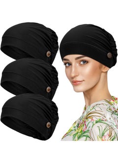Geyoga 3 Pieces Bouffant Caps With Buttons Unisex Stretchy Headband Turban With Buttons For Women (Black)  - Image 1
