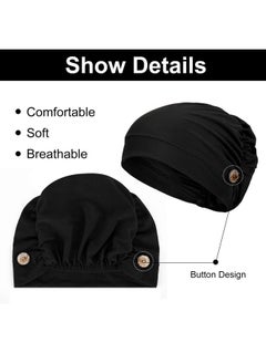 Geyoga 3 Pieces Bouffant Caps With Buttons Unisex Stretchy Headband Turban With Buttons For Women (Black)  - Image 4