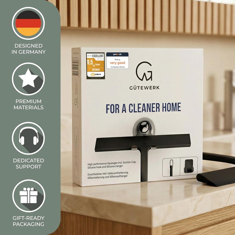 GÜTEWERK ممسحة استحمام GÜTEWERK سوداء 11 بوصة - تشمل خطاف شفط كروم - قلب من الفولاذ المقاوم للصدأ - ممسحات مطاط سيليكون لتنظيف الحمام - ممسحة نافذة منظف شفرة زجاج للاستحمام - Image 5