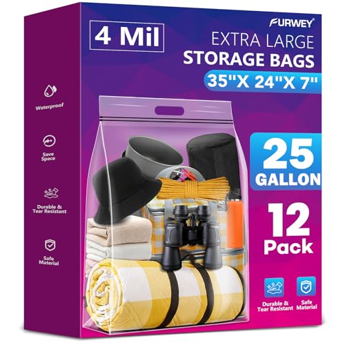 FURWEY 25 Gallon Extra Large Storage Bags 35x 24Resealable Clear Bags with Handle 4 Mil Thick Heavy Duty Big Bag for Clothes Pillow Travel MovingBeddingShoes and Toys Storage Pack of 12 - Image 1