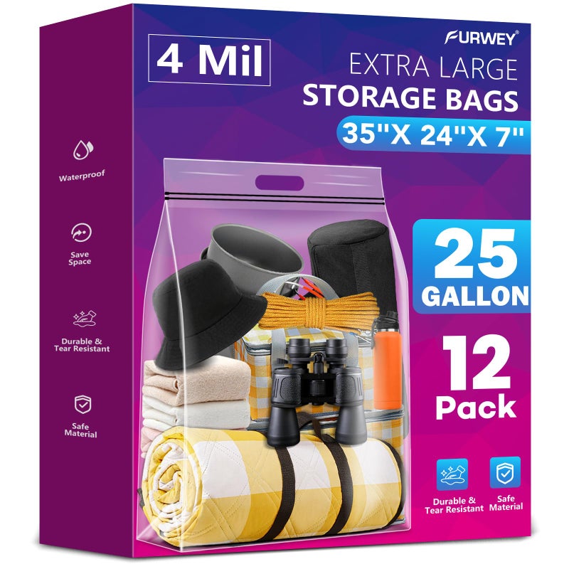 FURWEY 25 Gallon Extra Large Storage Bags 35x 24Resealable Clear Bags with Handle 4 Mil Thick Heavy Duty Big Bag for Clothes Pillow Travel MovingBeddingShoes and Toys Storage Pack of 12 - Image 2
