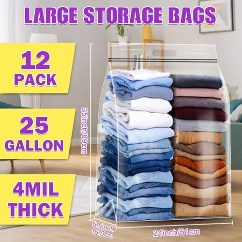 FURWEY 25 Gallon Extra Large Storage Bags 35x 24Resealable Clear Bags with Handle 4 Mil Thick Heavy Duty Big Bag for Clothes Pillow Travel MovingBeddingShoes and Toys Storage Pack of 12 - Image 3