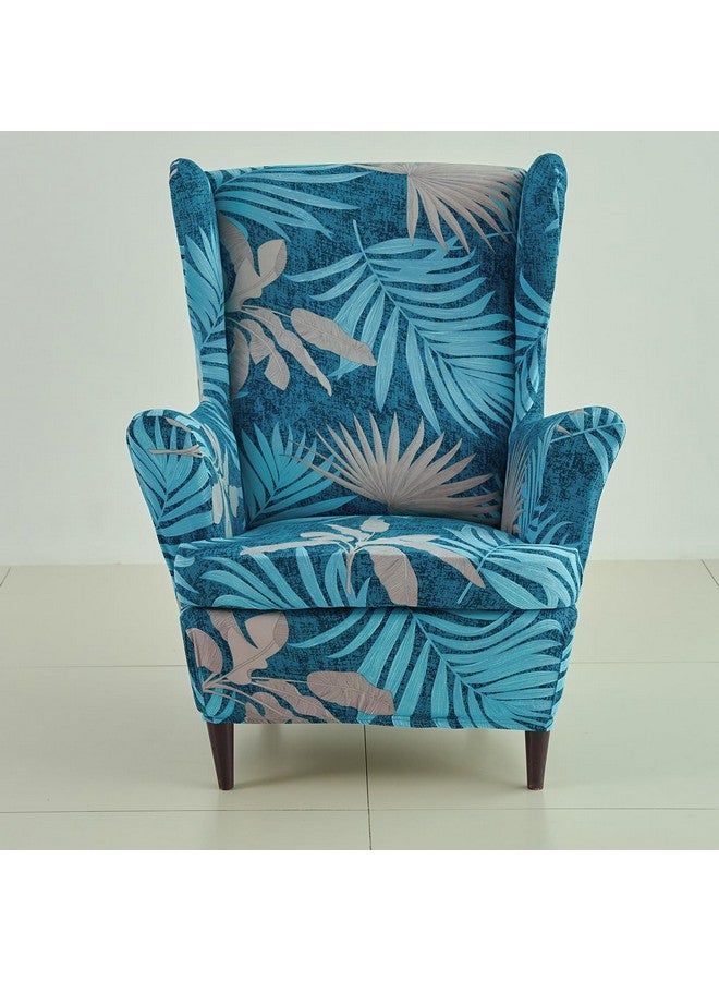 HOKIPO HOKIPO 140 GSM Fully Covered Wingback Chair Cover, Sea Blue Tropical Leaves (AR-5135-D10) - Image 2