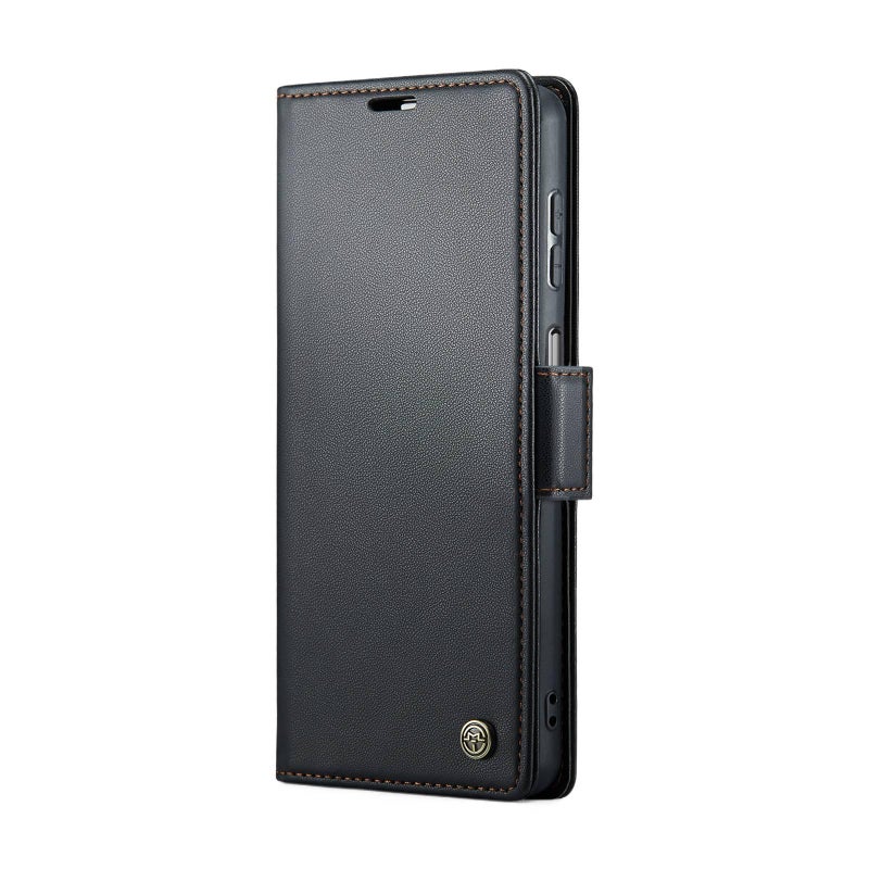 غطاء واقي بملمس جلد لـ Samsung Galaxy S24 Ultra مع حامل بطاقات وحامل قابل للطي مع مقاوم للصدمات مع مقاومة السقوط باللون أسود بوظيفة حامل للعائلة أثناء التنقل للمكتب - Image 1